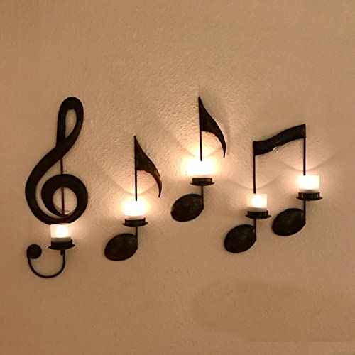 MANMAOHE Black Music Note Wall Sconce Metal Wall Sconce Candle Holder Set of 4 Wall Mount Tea Light Candle Holders Musical Symbol Candle Holder Rack for Home Office Classroom