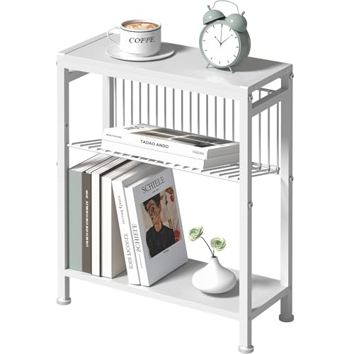 End Table for Small Space, 3-Tier Narrow Side Table with Magazine Holder,Small Nightstand, Skinny Snack Couch Table in Living Room, Bedroom Study and Balcony (White) - color: White
