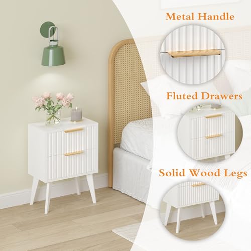 YAUKOMEL Fluted Nightstand with 2 Drawers,Modern Bedside Table with Metal Handles,Side Table with Solid Wood Legs,End Table for Living Room,Bedroom,Small Spcae 11.8" D x 15.7" W x 22.8" H White CTG55W - color: White, style: Fluted Style