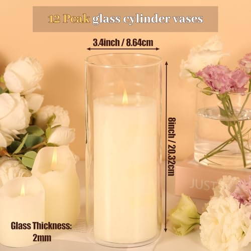 TBWIND 12Pcs Glass Cylinder Vases 8 Inch Tall Clear Flower Vases for Centerpieces Wedding Decoration, Hurricane Floating Candle Holder for Party Table Home Decor - size: 12 Pack 8 Inch