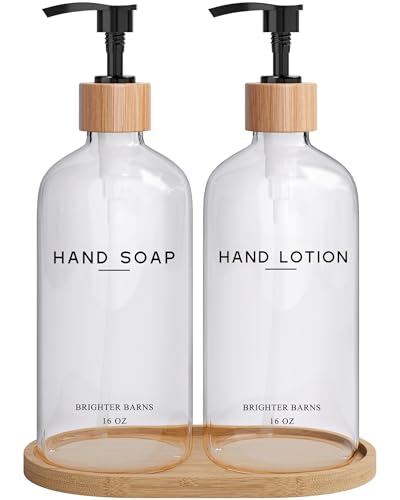 Clear Glass Soap and Lotion Dispenser Set with Tray by Brighter Barns - Hand Soap Dispenser Bathroom Set - Liquid Soap Dispenser and BPA-Free Pump - Neutral Home Decor & Modern Bathroom Accessories - color: Clear Sl