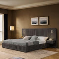 Luxury Queen Size Bed Frame with Oversized Upholstered Headboard, Modern Chenille Upholstered Platform Bed Frame with Gold LED Lights, Nightstands, No Box Spring Needed, Dark Grey - color: Dark Grey, size: Queen