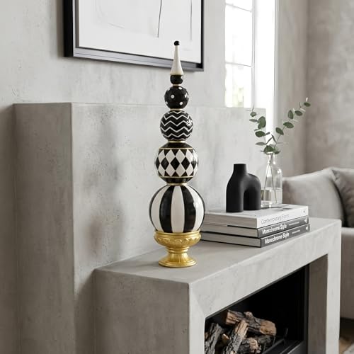 Black and White Checkered Decor, 15.7 Inch Resin Modern Sphere Sculpture, Table Top Mantel Office Desk Shelf Halloween & Christmas Decorations for Home Statue - color: Black