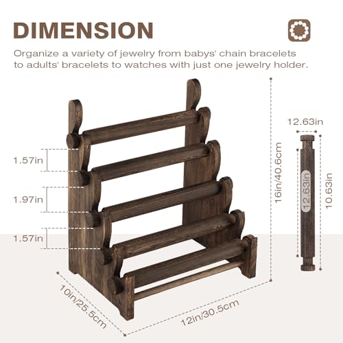 TOPNEW 5 Tier Wooden Bracelet Holder, Scrunchie Bangle Watch Necklace Display Storage Jewelry Holder Stand Display Organizer, Brown - color: 5 Tier Brown