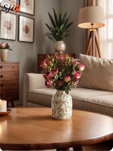 Vintage Ceramic Vase - 7.8 Inch Hand-Painted Roses with Ice Crackle Glaze Finish, American Farmhouse Style Pitcher Vase for Home Decor, Centerpiece, Shelf, Table, Office, Rustic Wedding Gift - color: Beige and Red-002