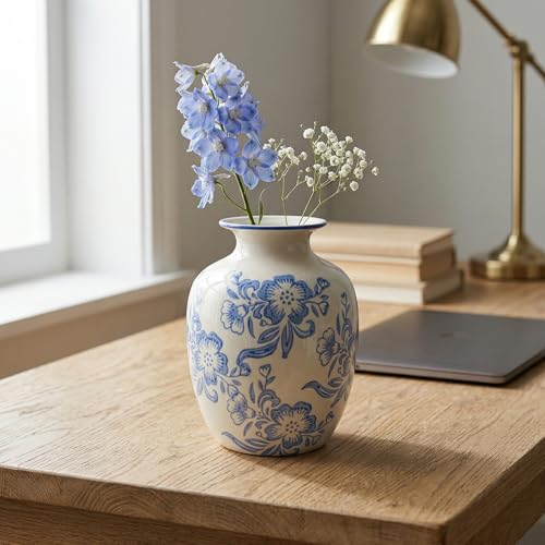 Blue and White Chinoiserie Vase for Home Decor- 7 Inch Ceramic Floral Vase for Pampas Grass, Night Stand, Coastal, Kitchen Island, Dining Table Decor - color: Blue and White