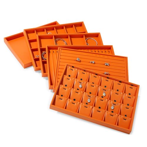 18 Slots PU Leather Jewelry Tray Necklace Display Tray Jewelry Drawer Organizer Necklace Bracelet Holder Stackable Jewelry Trays for Necklace Bracelet Pendant (Orange) - color: Orange, size: 18 Slot