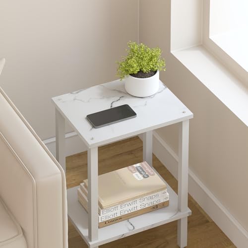 TUTOTAK End Table, Side Table, Nightstand, 2-Tier Storage Shelf, Sofa Side Table for Small Space, Living Room, Bed Room TB01BMW034 - color: Marble White