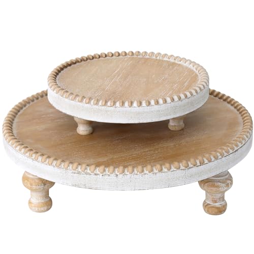 SwallowLiving Rustic Set of 2 Round Wood Tray Riser Farmhouse Pedestal Stand with Beaded Edge for Decor Wooden Finish Cupcake Display for Cakes and Decorative Items 11.8/7.5 inches - color: Set of 2 Burlywood