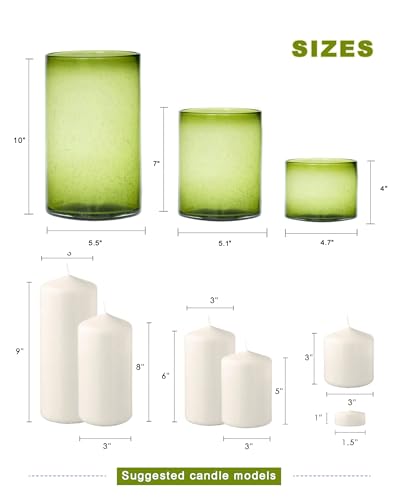 ARIAMOTION Hurricane Candle Holders Set 3, Spring Green Glass with Seeded Bubbles, Pillar Candle Holders Bulk,Cylinder Vase Centerpieces 10" 7" 4" Height