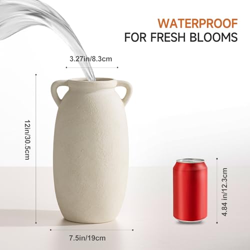 Dobbyby Ceramic Flower Vase 12 inch Farmhouse Rustic Vase Decorative Pottery Terracotta Tall Vases for Home Decor Table Mantle Fireplace Living Room Bathroom Wedding Centerpiece(Large-White) - color: L-antique Off White