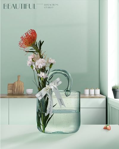 Thickened Glass Purse Vase for Flowers Gift Set-(Handmade 5mm Crystal-Unique Cute Clear Bag Vase with Reinforced Gift Box, Premium Table Centerpiece for Wedding/Mothers Day (Turquoise) - color: Turquoise