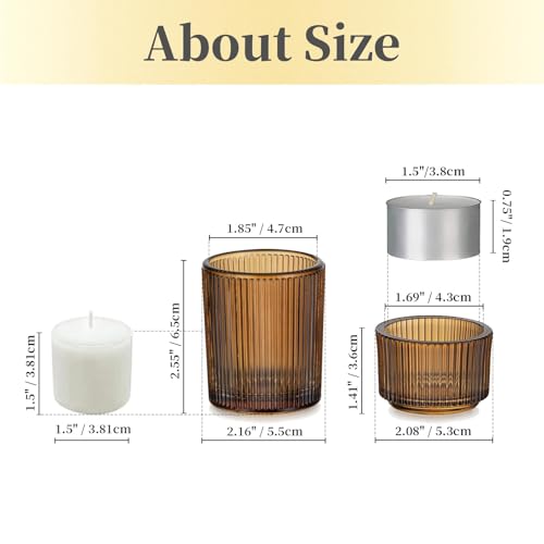 Hewory Glass Tealight Candle Holder: 8 Pcs Amber Votive Candle Holders Tea Lights Candle Holder, Ribbed Tea Light Holders Fall Decorations for Thanksgiving Table Centerpiece Wedding Party Home Decor - color: Amber, size: 8PCS