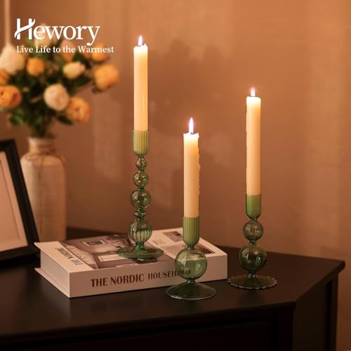 Hewory Glass Candlestick Holders Set: 3PCS Green Candle Holder Taper Candle Holders Bulk, Crystal Ribbed Candle Sticks Holder Decor for Table Centerpiece Wedding Christmas Thanksgiving Dinner - color: Green