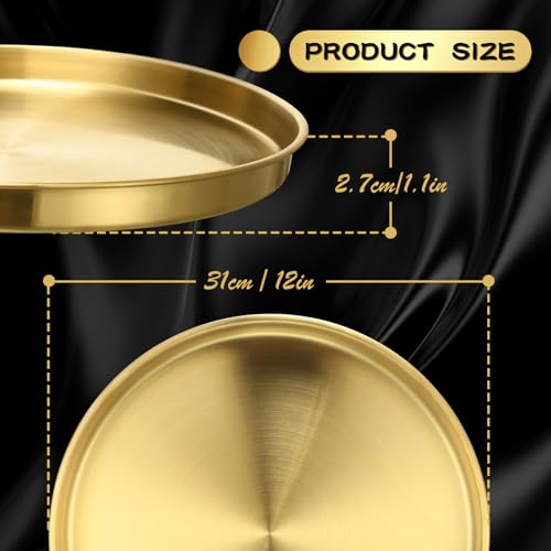 Thenshop 1 Pcs 12 Inch Gold Round Serving Tray Stainless Steel Circle Decorative Vanity Gold Plate Metal Jewelry Makeup Organizer Dishes for Gift Wedding Coffee Table Bathroom Dessert Christmas - size: 12.2"
