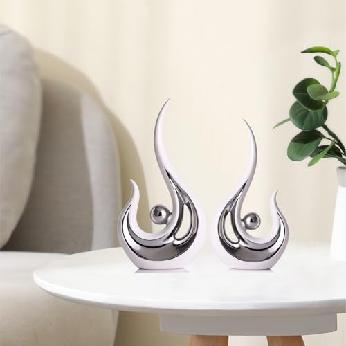 LCCCK White Silver Abstract Figurine Statues for Home Decor – Modern Ceramic Sculpture Accent, Decorative Statues for Living Room, Shelf, TV Stand, Office or Coffee Table Centerpiece Art Decoration - color: White and Silver