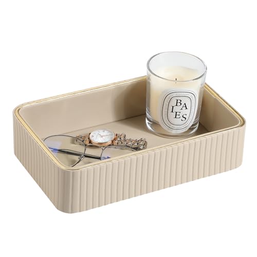 Desk Organizer Tray, PU Leather Nightstand Organizer Perfume Valet Tray for Men Women, Decorative Vanity Trays Trinket Dish Key Bowl for Entryway Table (Beige, Small) - color: Beige, size: 9.5" x 6" x 2.2"