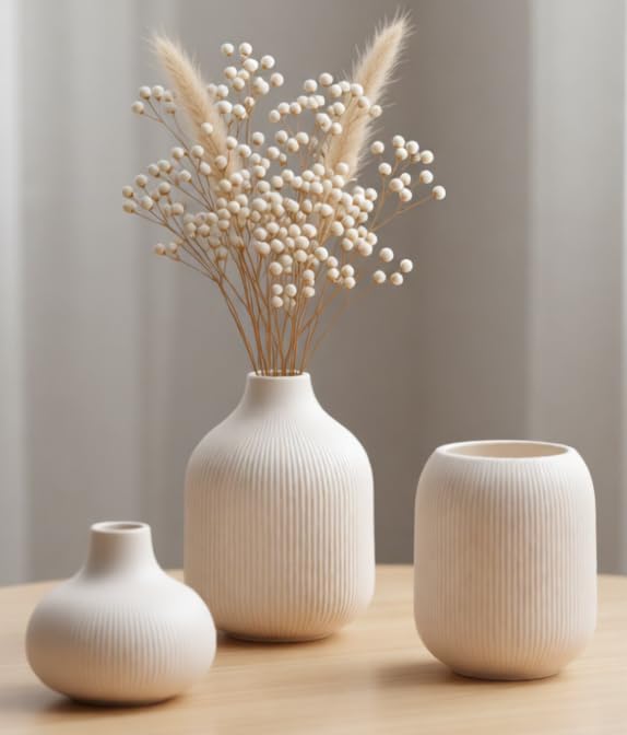 White Ceramic Vases for Decor, 3 Set Small Modern Minimalist Ribbed Vases Decorative for Table Shelf Decor Bookshelf Decoration Vase - color: 15 White