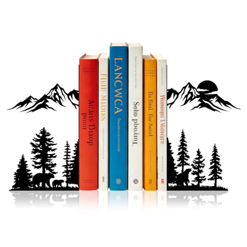 Sanwarm Metal Bookends Mountain Woodland Nature Book Ends Decorative Bookend for Home Office Desk Book Shelves Decor, Gift for Reading Enthusiasts Non-Skid Book Stoppers Holder (Black 1 Pair) - color: Mountain