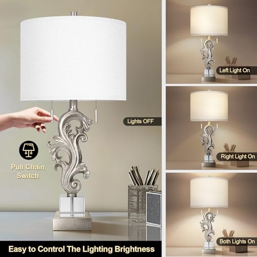 Scenekoy Table Lamp Set of 2 with USB Ports, Pull Chains Switch, 27” Silver Leaf Sculptural Bedside Lamps with Linen Shade for Living Room Bedroom, Nightstand Lamps for Home Room Decor - size: 27 inches Silver Leaf -041