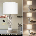 Scenekoy Table Lamp Set of 2 with USB Ports, Pull Chains Switch, 27” Silver Leaf Sculptural Bedside Lamps with Linen Shade for Living Room Bedroom, Nightstand Lamps for Home Room Decor - size: 27 inches Silver Leaf -041