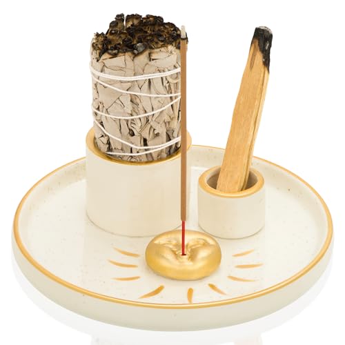 ZenBless Multifunction Incense and Candle Holder for Burning Sage, Palo Santo, Incense Sticks - 5.9" Ceramic Ash Catcher Tray for Meditation Room Home Decor Spritual Gifts(Gold Sun) - color: Gold 2