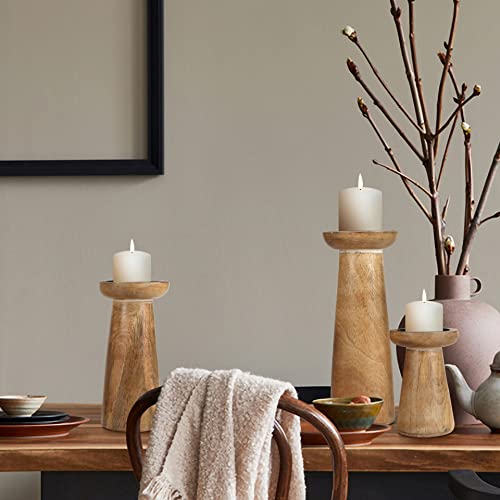 Hand Crafted Wooden Pillar Candle Holder Set of 3, Ideal for LED and Pillar Candle, Gift for Wedding, Christmas, Party, Home, Spa, Reiki, Aromatherapy, Votive Candle Garden - 10,8,6 Inch - White Wash - color: White Wash, size: 10,8,6 Inch Set of 3 - Pilla