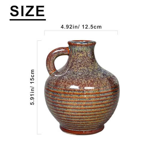 Sunddo Brown Ceramic Vase 6 Inch - Small Rustic Decorative Vase with 1 Handle, Rustic Farmhouse Decor, Bedroom, Bathroom, Bookshelf, Mantel, Coffee Table Decor - color: Rust - 6, size: 6 Inch