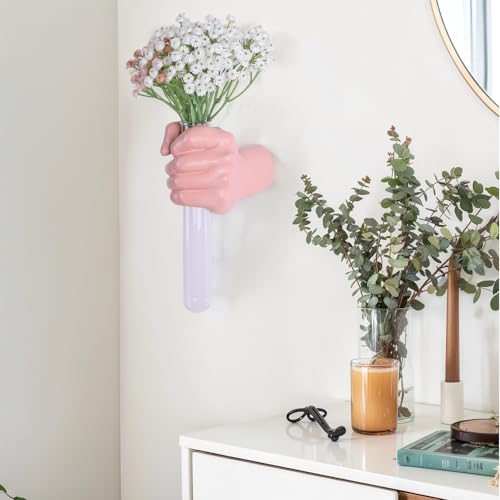 Pink Wall Sculpture,Wall Art Bedoroom,Hand Vase,Funky Flower Vase Decorations,Unique Wall Statue,Home Decor Art - color: Pink