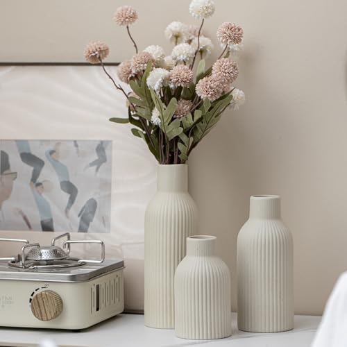 Modern Ceramic Vases Set of 3, Beige Ribbed Decorative Vases, Table Centerpiece for Home Decor (Beige) - color: Beige