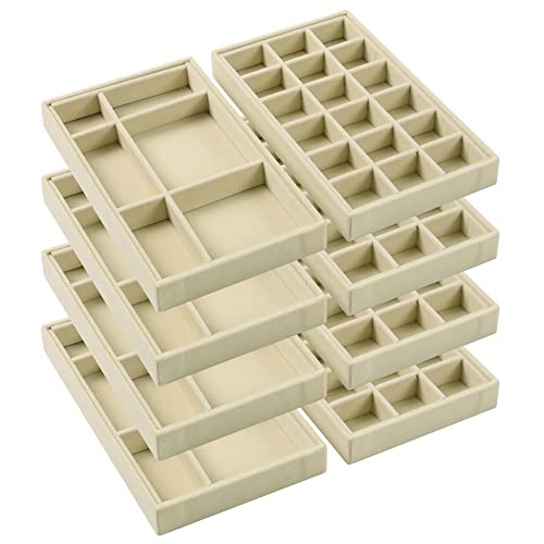 DIOMMELL Set of 8 Stackable Velvet Jewelry Trays Organizer, Jewelry Storage Box Display Trays Showcase Holder Closet Dresser Drawer Organizer for Earring Necklace Bracelet Ring Accessary, Beige