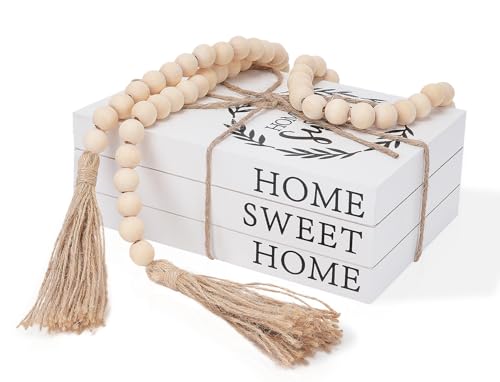 Decorative Books for Home Decor, Faux Books for Decoration, Rustic Farmhouse Decor, Fake Books with 52in Wood Beads Garland, Book Decor for Living Room Coffee Table (Home Sweet Home) - color: Home Sweet Home