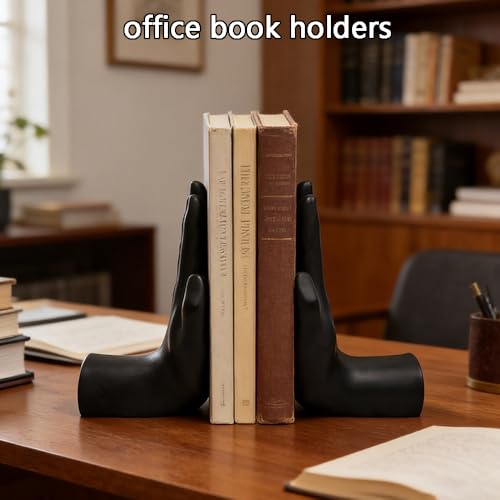 jinhuoba Decorative Bookends Hands Book Ends, Black Heavy Book Holder Ends for Shelves, Novelty Heavy Duty Book Ends for Shelves Office Home Desk Bookshelf, 8.5"(L) x 3.5"(W) x 6.8"(H), Resin