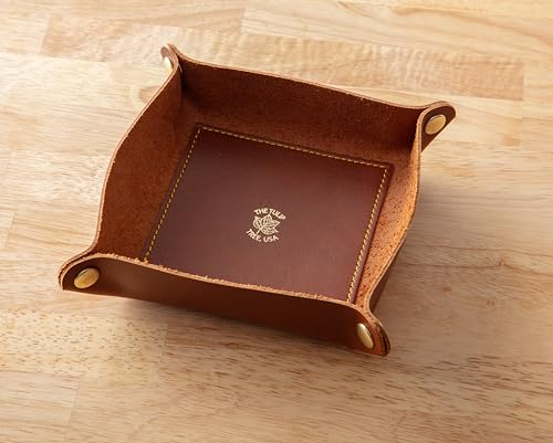 USA Handmade Premium Leather Valet Tray, Folds Flat! Dice Rolling Basket and Organizer with Brass Snaps (Chestnut Gold, Medium) - color: Chestnut Gold, size: 5" x 5" x 2"