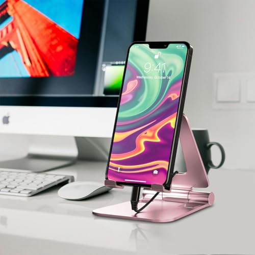 Cell Phone Stand for Desk Phone Holder Foldable Portable Adjustable Cradle Dock Compatible with iPhone 17 16 15 14 13 Pro Max, iPhone 12 11 Plus SE XS XR 8 7, Office Desk Travel Accessories, Pink - color: Pink