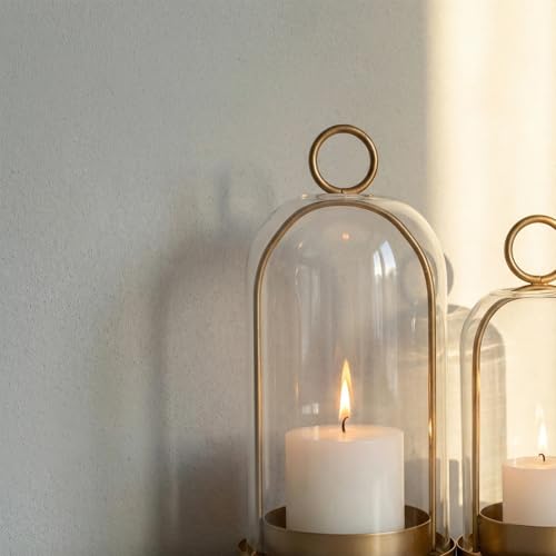 GYKLE Set of 2 Candle Lantern Set - Vintage Brass Candle Holders with Thick Glass Domes (5.25"x10" & 4.5"x7.87"), Perfect for Pillar Candles, Floral Arrangements, and Vintage Home Accents