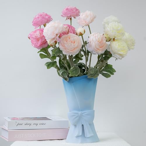 Relexome Gradient Blue White Ceramic Bow Vase 9.64 in Unique Cute Modern Decorative Bouquet Flower Vases for Home Living Room Table Decor Women Girl Gifts - color: Matte Blue White