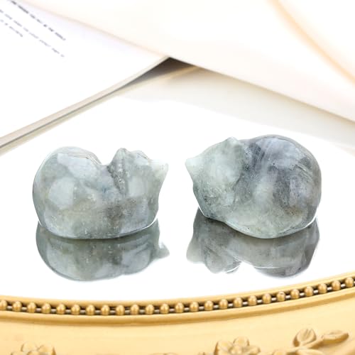 QINJIEJIE Cat Decor Statue White Labradorite Crystal Healing Stone Figurine Decor Polished Gemstones Cute Kitten Gifts Stocking Stuffers Home Office Desk Decor Cats Gifts for Cat Lover 1.6" - color: Kc-white Labradorite, size: 1.5 inches