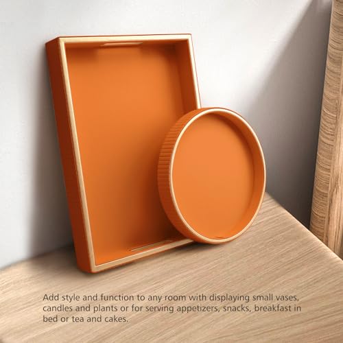 SANZIE Leather Tray Desktop Storage Organizer Premium Serving Tray Decorative Trays Valet Trays for Sundries Cosmetics Phone Wallet Cutlery (Orange Holder with Disc)
