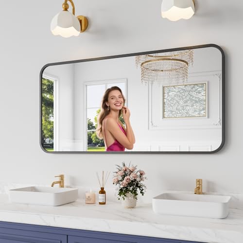 Koonmi Bathroom Mirror, 24X48 Brushed Black Metal Framed Wall-Mounted Mirror for Over Sink, HD Tempered Glass, Anti-Rust, Rounded Rectangle Mirror for Restroom, Bedroom, Hangs Horizontal or Vertical - color: Rounded Edged, size: 48"L x 24"W