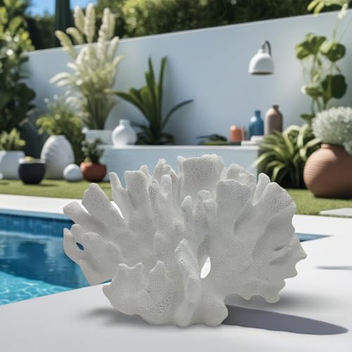 Etlemonde White Beach Coastal Fan Coral Decor Resin Statue - Faux Sea Coral Reef for Bathroom Shelf, Coffee Table, Nautical Minimalist Beach House Home Decor Accent - color: White-d