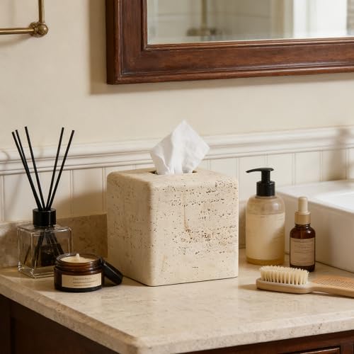 Natural Travertine Textures Tissue Box Cover Square for Home Decor,Resin Heavy Tissue Box Holder for Bathroom Countertop,Tabletop,Bedside Table,Office (Handmade of Resin) - color: Yellow Stone