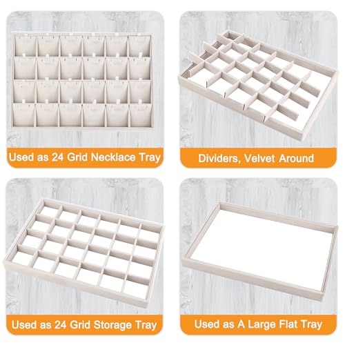 Mornajina 24 Grids Stackable Jewelry Tray Organizer with Removable Dividers, Velvet Jewelry Display Tray for Earrings Necklaces Bracelet Rings Display Showcase - Beige - color: Beige