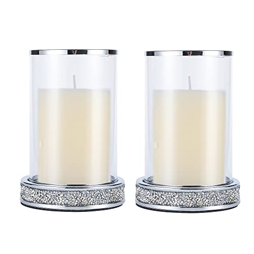 Pillar Candle Holders set of 2,Hurricane Candle Holders for Pillar Candle,Glass Candle Holder for Coffee Dining Table, Wedding, Christmas, Halloween, Home Decoration,Silver Candle Holders - color: Silver Rhinestone