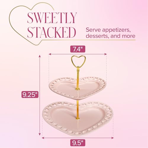 Paris Hilton 2-Tier Heart Serving Tray, Iconic Ceramic Stoneware with Metal Handle, Easy Assembly for Stylish Display, 9-Inch and 7-Inch Plates, Pink