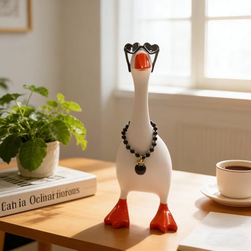 Desk Mini Goose Key Holder 7 Inch, Resin Magnetic Goose Statue with 15 Accessories, Cute Desktop Figurine Keychain Hanger, Home Office Table Bedroom Decor, Funny Housewarming Gift