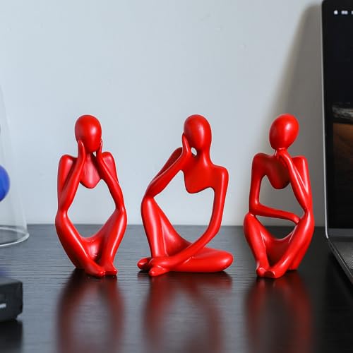 BrownLove 3pcs Red Human Body Abstract Art Decoration, Modern Art Resin Statue Room Office Shelf Bookcase Decoration - color: Red