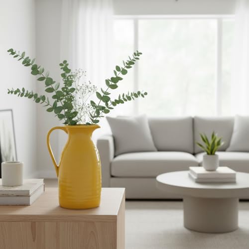 hjn Farmhouse Pitcher Vase for Flowers- Decrative Pitchers White Ceramic Pitcher Yellow Vase for Your Kitchen/Home Decor/Office/Living Room/Bookshelf/Mantel/-Yellow - color: Yellow - Pitcher Vase