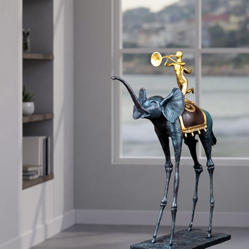 Blue Bronze Elephant Sculpture - 25.6” Tall Surrealist Artwork by Dali, Abstract Handmade Hot-Cast Bronze Statue - Art Collectibles Decorative and Gifts - color: Blue