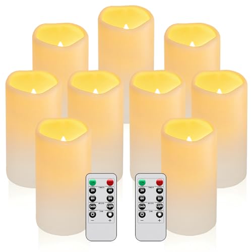 9PACK Outdoor Waterproof Plastic flameless Candles with Remote Control LED Flickering Battery Operated Pillar Candles Cycling 24 Hours Timer (D3 xH5.5) for Camping, Weddings, Party,Home Decoration - color: H16# 9pack Pastic